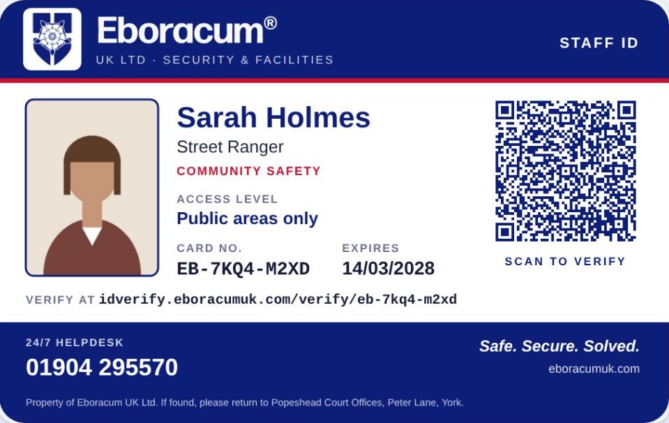 Eboracum staff ID card for Sarah Holmes, Street Ranger