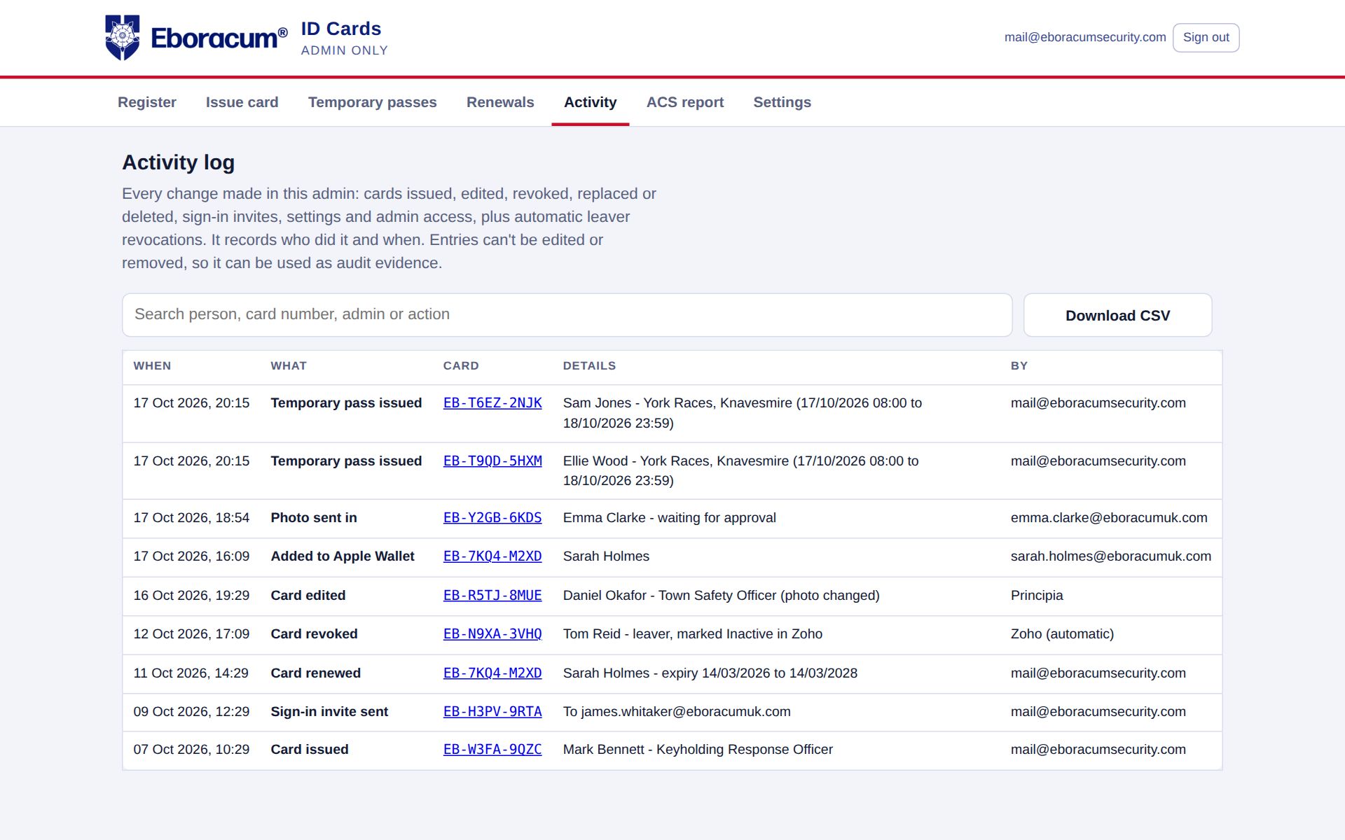 Activity log with timestamps, actions and who made them