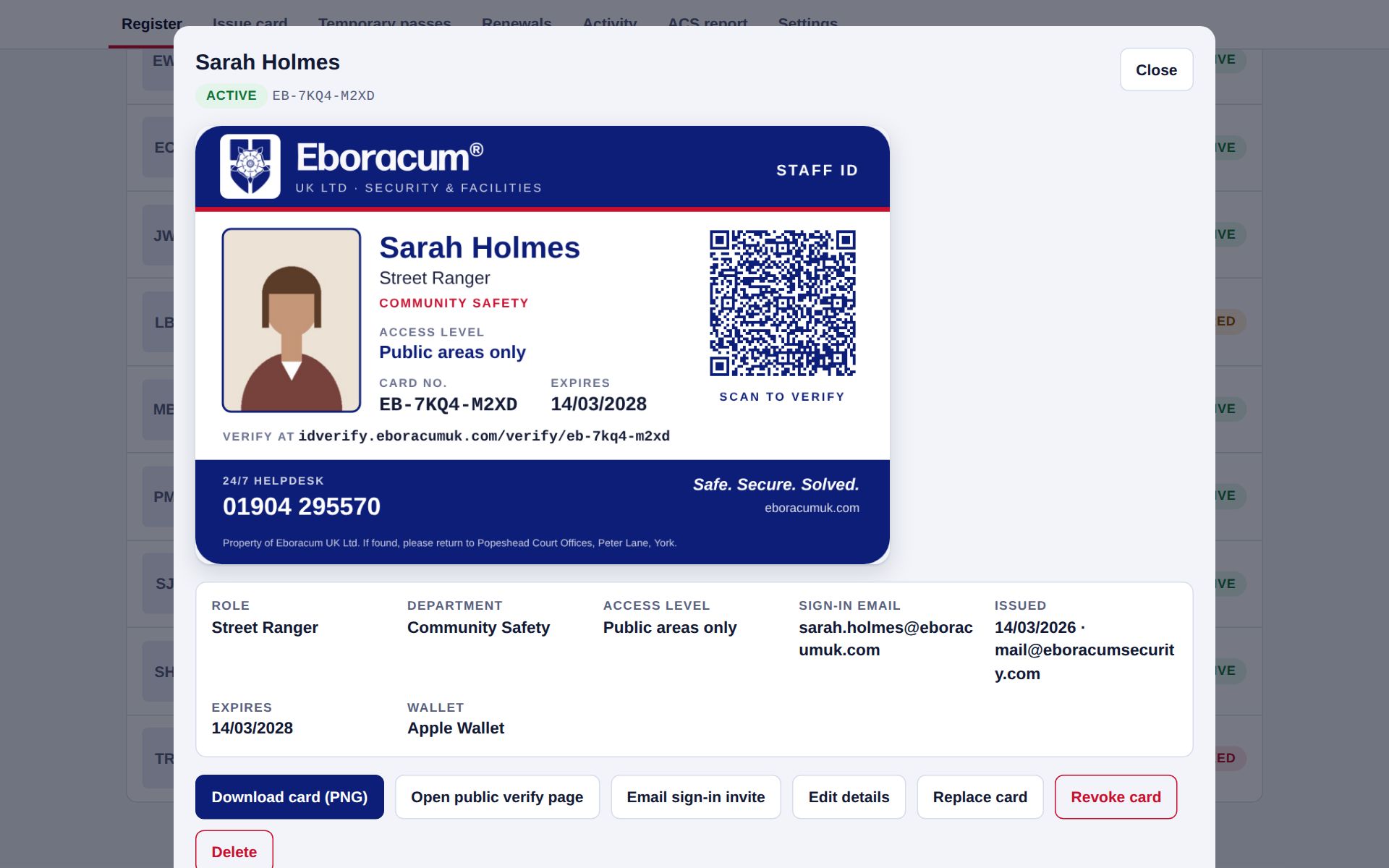 Admin view of Sarah Holmes's card, with her details, wallet status and actions