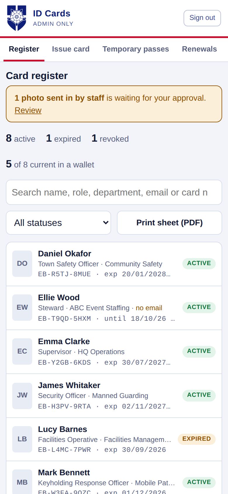 Card register on a phone