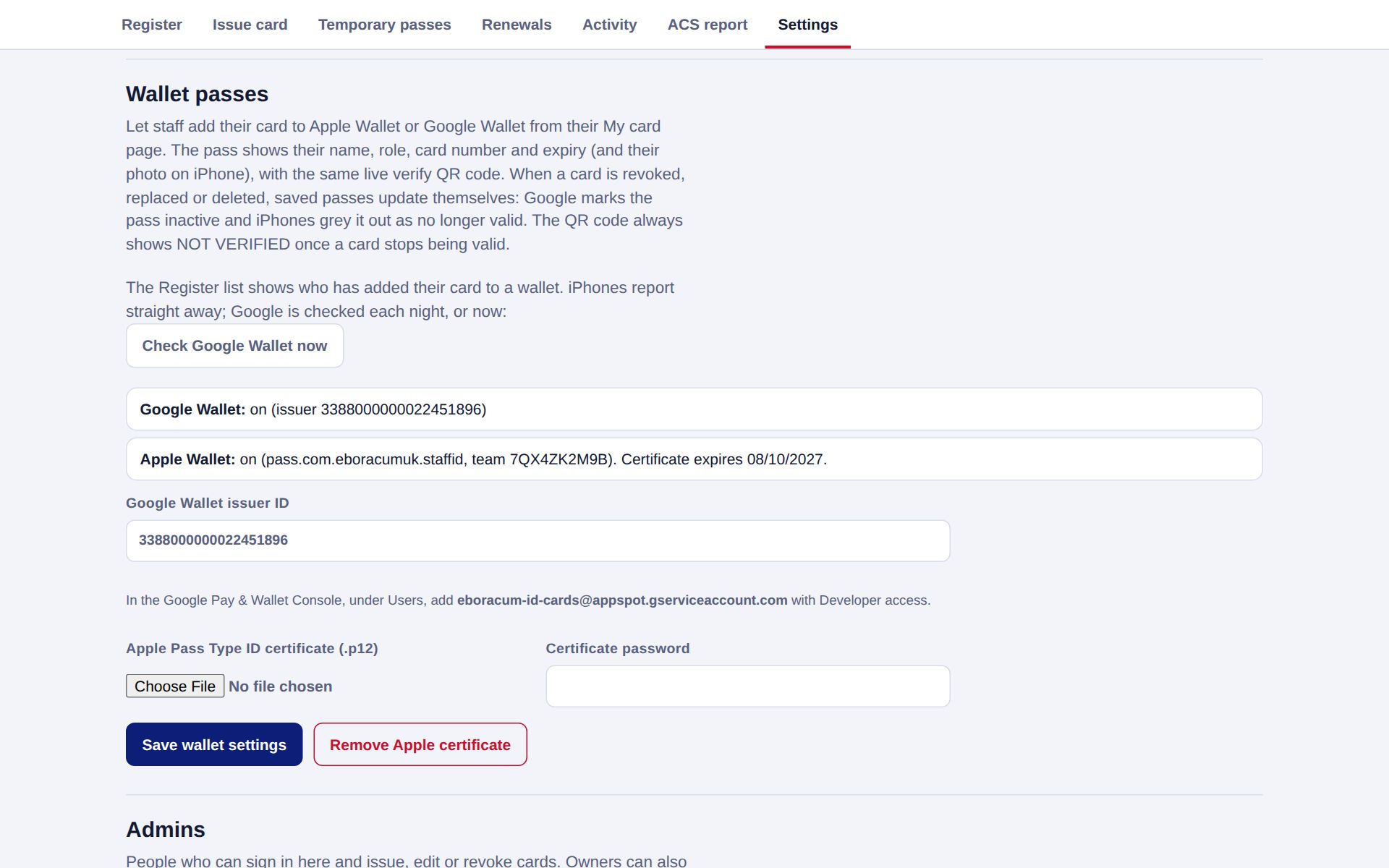 Settings showing wallet pass status