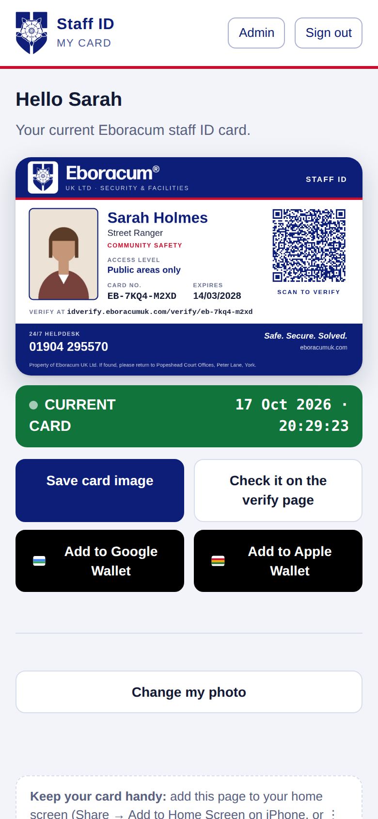 My card page on a phone, with the card, a live status bar and wallet buttons