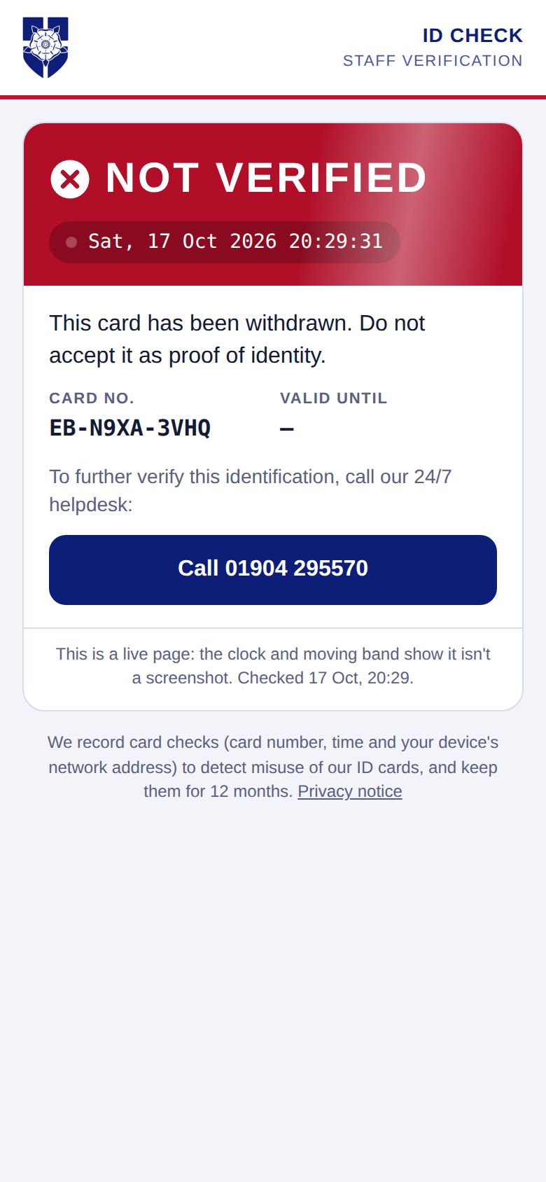 Verify page showing NOT VERIFIED for a withdrawn card