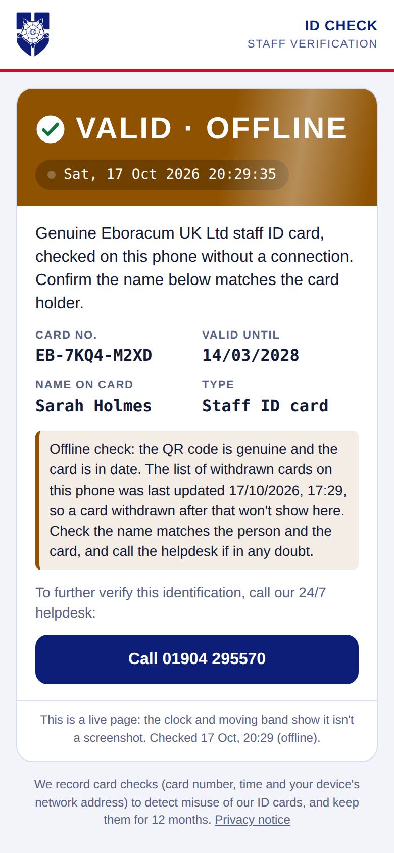 Verify page showing VALID · OFFLINE with the holder's name