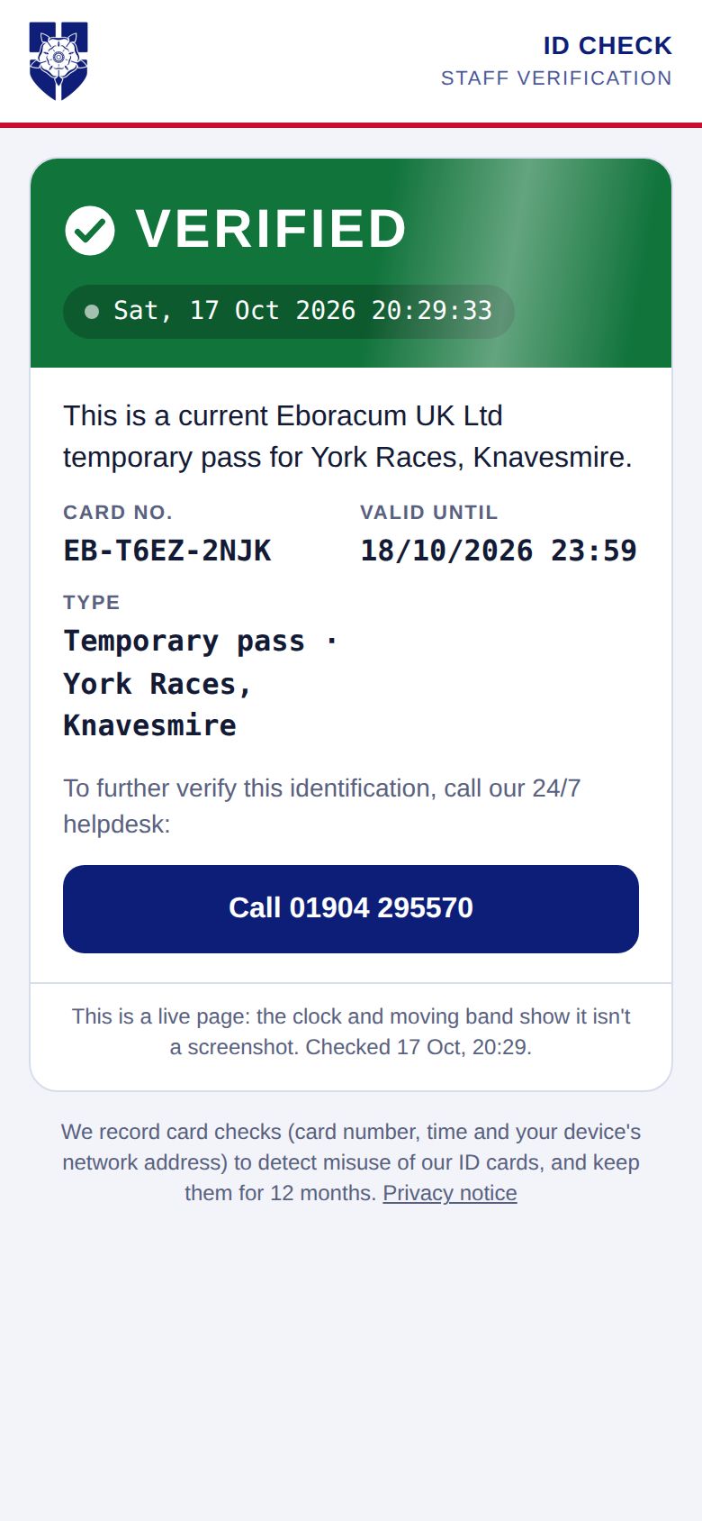 Verify page showing a valid temporary pass for York Races